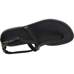 Handmade t-strap black leather flat sandals for women