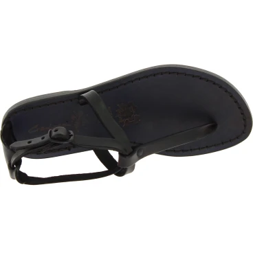 Handmade t-strap black leather flat sandals for women