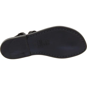 Handmade t-strap black leather flat sandals for women