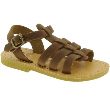 Attica Persephone child gladiator sandals in brown nubuck with buckle closure handmade in Greece