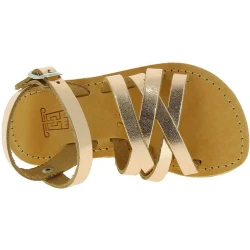 Girl's gladiator braided sandals in gold pink laminated calf leather with buckle closure