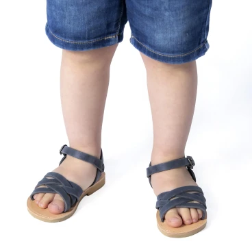 Sandali intrecciati gladiatore da bambino in pelle nubuck blu chiusura con fibbia