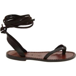 Handmade flat strappy sandals in dark brown calf leather
