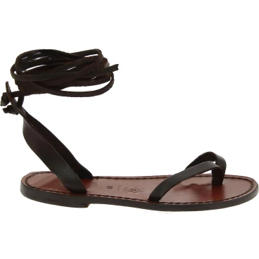 Handgefertigte flache Riemchensandalen in dunkelbraunem Kalbsleder