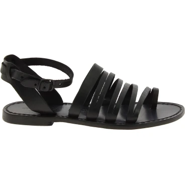 Sandalias de dedo para mujer hechas a mano en piel negro