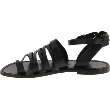 Damen-Riemchen-Sandalen aus Schwarzem Leder in Italien von Handgefertigt