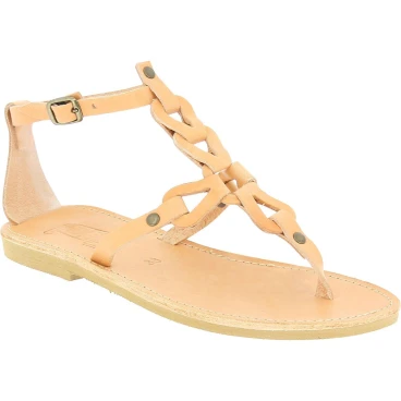 Sandali infradito da donna con lacci incrociati fatti a mano in pelle di vitello nude