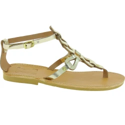 Handgefertigte sandalen für Damen mit gekreuzten Schnürsenkeln aus gold laminiertem Kalbs leder