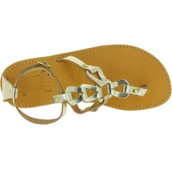 Women's thong sandals with handmade crossed laces in gold laminated calfskin