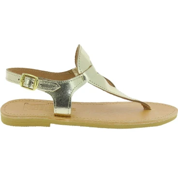 Sandalias para mujer en forma de gota hechas a mano en piel de becerro laminada dorada