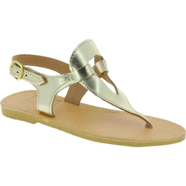 Tropfenförmige sandalen für Damen handgefertigt aus gold laminiertem Kalbsleder