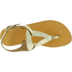 Women's handmade drop-shaped thong sandals in gold laminated calfskin