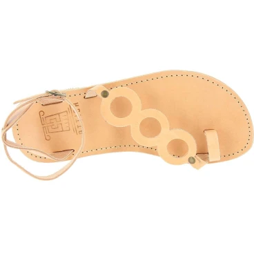 Handgefertigte Damen sandalen mit Kreisen aus nacktem Kalbsleder