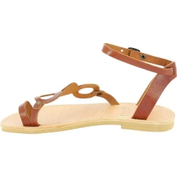 Women's thong sandals with circles handmade in brown color calfskin