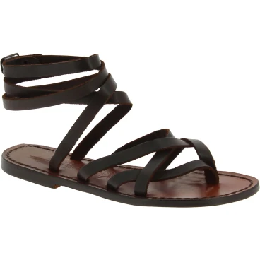 Sandalias tiras marron oscuro de cuero para mujeres hechas a mano en Italia