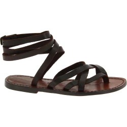 Sandalias tiras marron oscuro de cuero para mujeres hechas a mano en Italia
