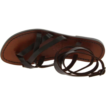 Sandalias tiras marron oscuro de cuero para mujeres hechas a mano en Italia