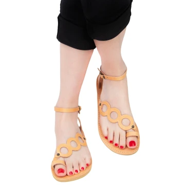 Women's thong sandals with circles handmade in nude color calfskin