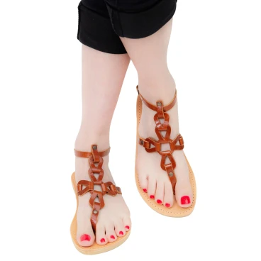 Women's thong sandals with handmade crossed laces in brown calfskin