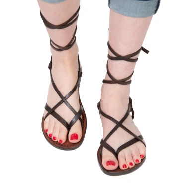 Spartiates haute femme fait en Italie en cuir véritable marron foncé