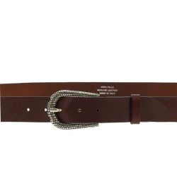 Dark brown leather belt with metal scaled buckle
