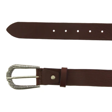 Dark brown leather belt with metal scaled buckle