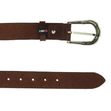 Dark brown leather belt with metal scaled buckle