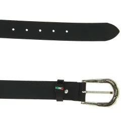 Black leather belt with metal scaled buckle
