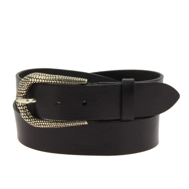 Black leather belt with metal scaled buckle
