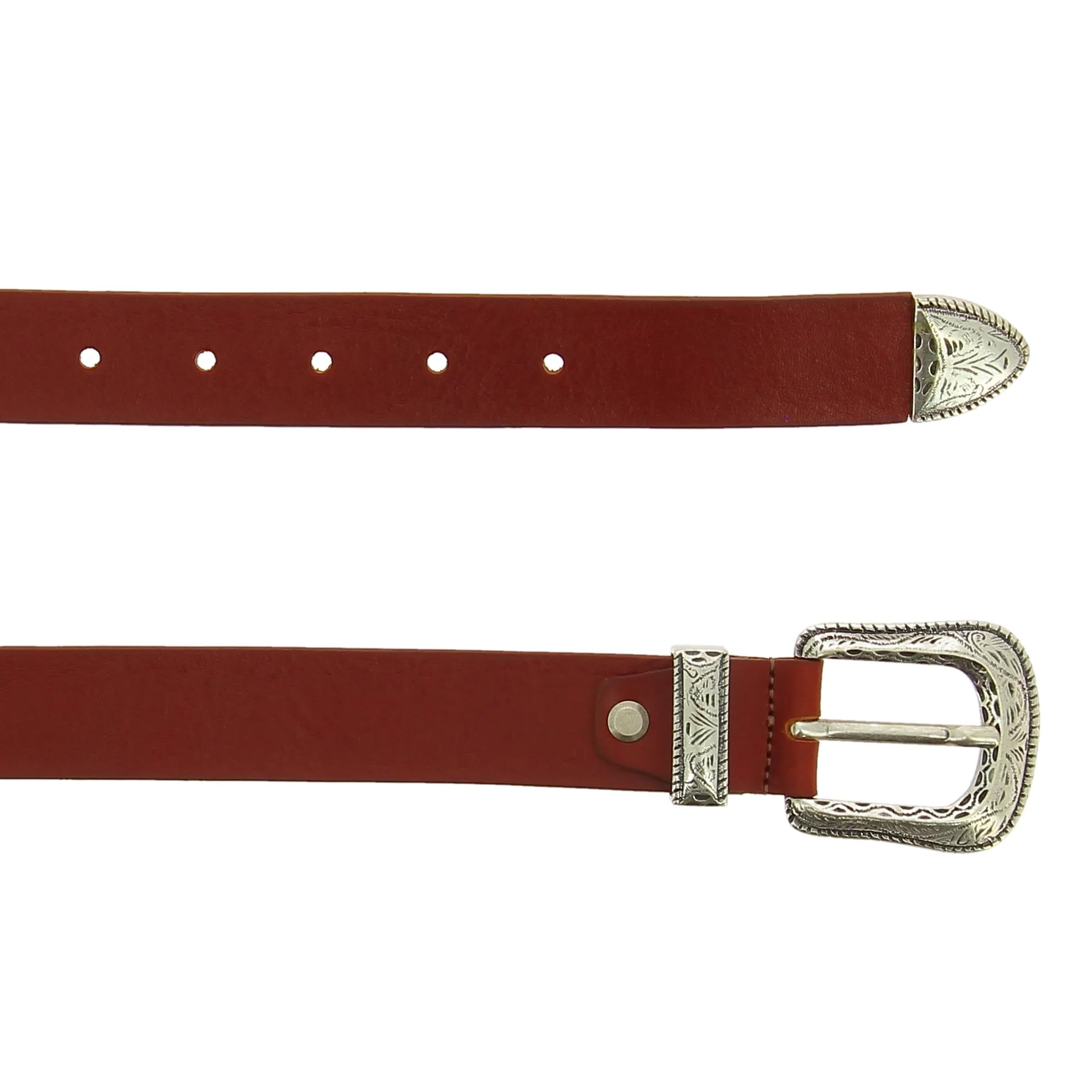 Brown leather belt with engraved metal buckle and tip
