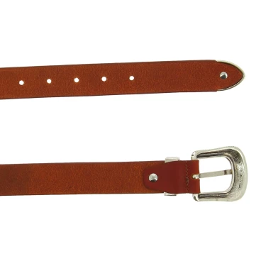Brown leather belt with engraved metal buckle and tip