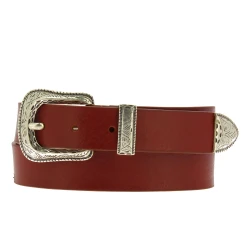 Brown leather belt with engraved metal buckle and tip