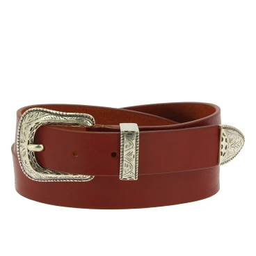 Brown leather belt with engraved metal buckle and tip