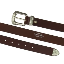 Dark brown leather belt with engraved metal buckle and tip
