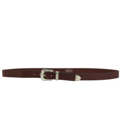Ceinture en cuir marron foncé avec boucle et pointe en métal gravé