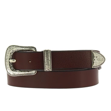 Dark brown leather belt with engraved metal buckle and tip