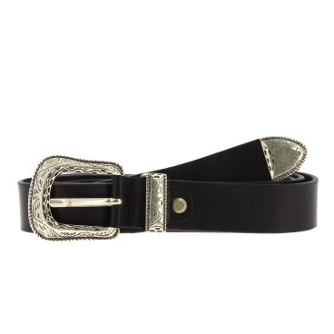 Black leather belt with engraved metal buckle and tip