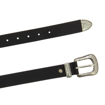 Black leather belt with engraved metal buckle and tip