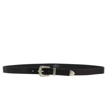 Ceinture en cuir noir avec boucle et pointe en métal gravé