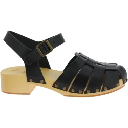 Handmade wooden clogs for women with black leather cage upper