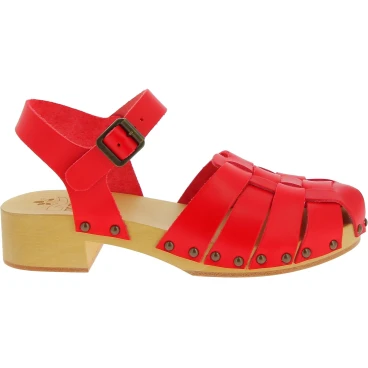 Zuecos para mujer de madera con parte superior de jaula en cuero rojo