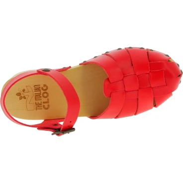 Sabots pour femme en bois faits à la main avec tige cage en cuir rouge