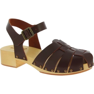 Women's clogs with dark brown leather cage upper Handmade