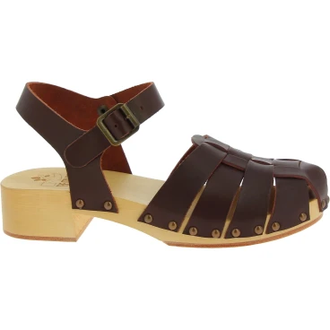 Women's clogs with dark brown leather cage upper Handmade