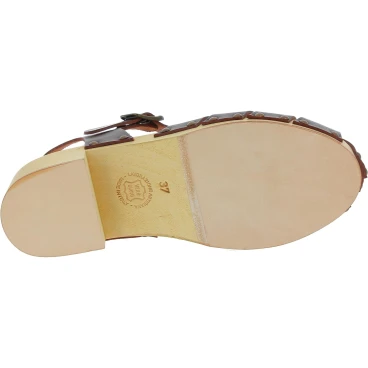 Zuecos mujer de madera con parte superior de jaula en cuero marrón oscuro