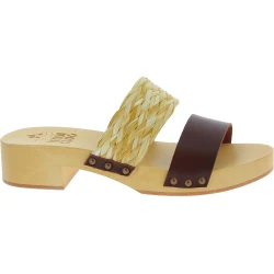 Mules femme artisanales en bois avec bande en raphia et cuir marron foncé