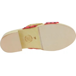 Wooden mules with red leather and rafia band Handmade