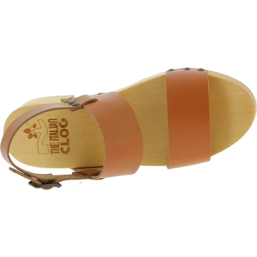 Sabot en bois femme faits à la main avec bande en cuir beige