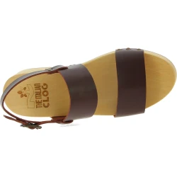 Zuecos mujer de madera con correa de piel marrón oscuro