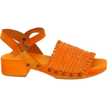 Sabot femme orange en bois avec bande cuir veritable tressé